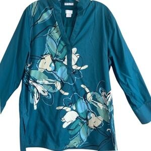 Chico's Women's Green Floral No‎ Iron Stretch Button Up Long Sleeve Blouse 12